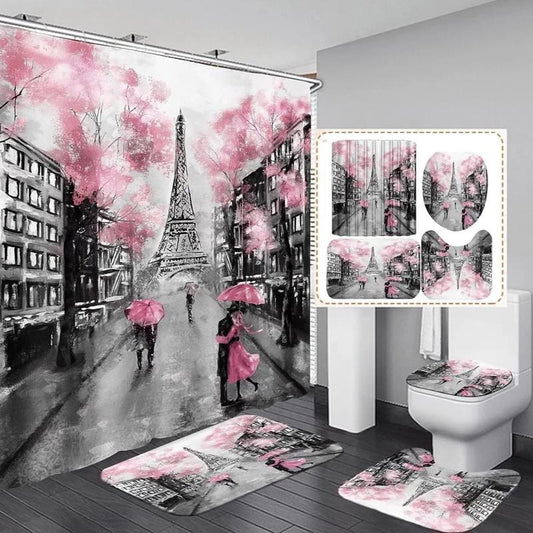 4Pcs Paris Eiffel Tower Pink Shower Curtain Sets Bathroom Set Decor