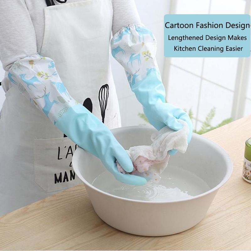 1 Pair Cartoon Pattern Dishwashing Gloves, Reusable Household Cleaning Gloves, Portable Long Sleeve Cleaning Gloves for Home