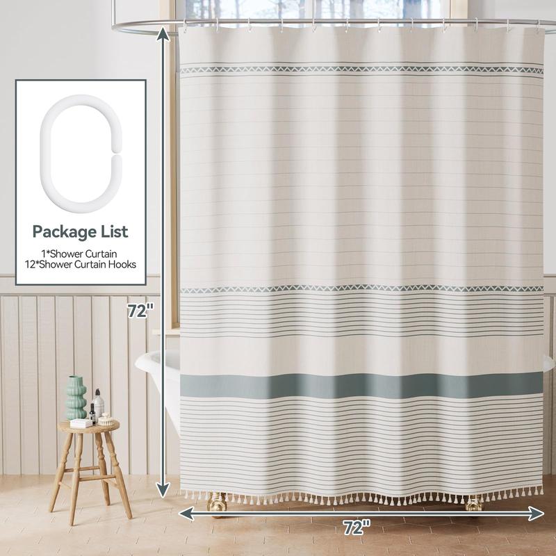 AmazerBath Shower Curtain, Farmhouse Linen Shower Curtain Boho, Striped Decorative Shower Curtain Countryside Beige Tassel Shower Curtain Set with 12 Plastic Shower Curtain Hooks for Bathroom, 72"x72"