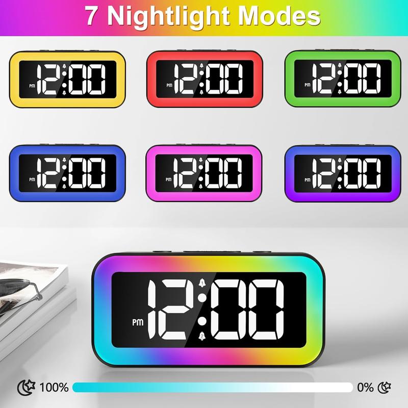 Colorful Nightlight LED Digital Alarm Clock with Super Loud Dual alarm, Weekday mode, Snooze, Dimmer, USB Charging Port for Livingroom, Bedroom, Bedside, Heavy Sleeper, Adult, Kid, Teens, gift, Black