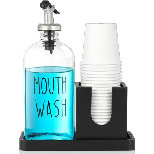 Mouthwash Dispenser for Bathroom, 16 OZ Glass Mouthwash Dispenser with Pour Spout and Wood Cup Holder and Tray, Mouth Wash Bottle Container, Black Bathroom Decor and Accessories