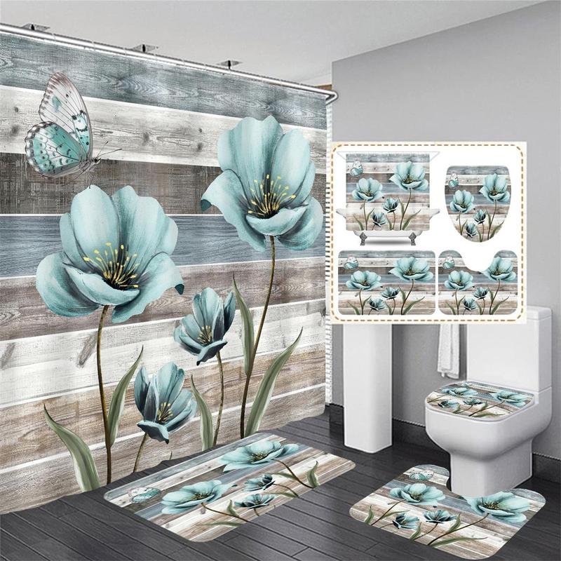 Floral Pattern Bathroom Accessories Set, 4 Counts/set Non-slip Bath Mat & U-shaped Commode Contour Rug & Toilet Lid Mat & Shower Curtain with 12 Hooks, Bathroom Decor Set