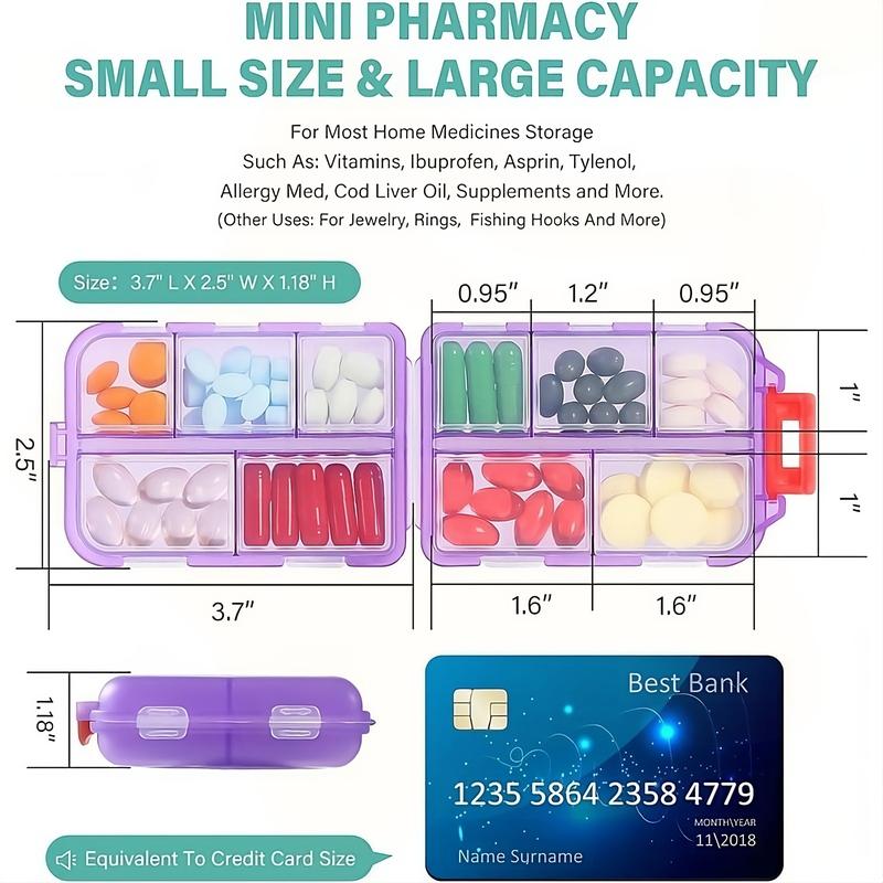 Travel Pill Organizer Box, Portable Pocket Purse Pharmacy, 147 Brand Labels , 10 Compartment Small Pill Case Medicine Kit, Daily Weekly Vitamin Supplement Medication Holder