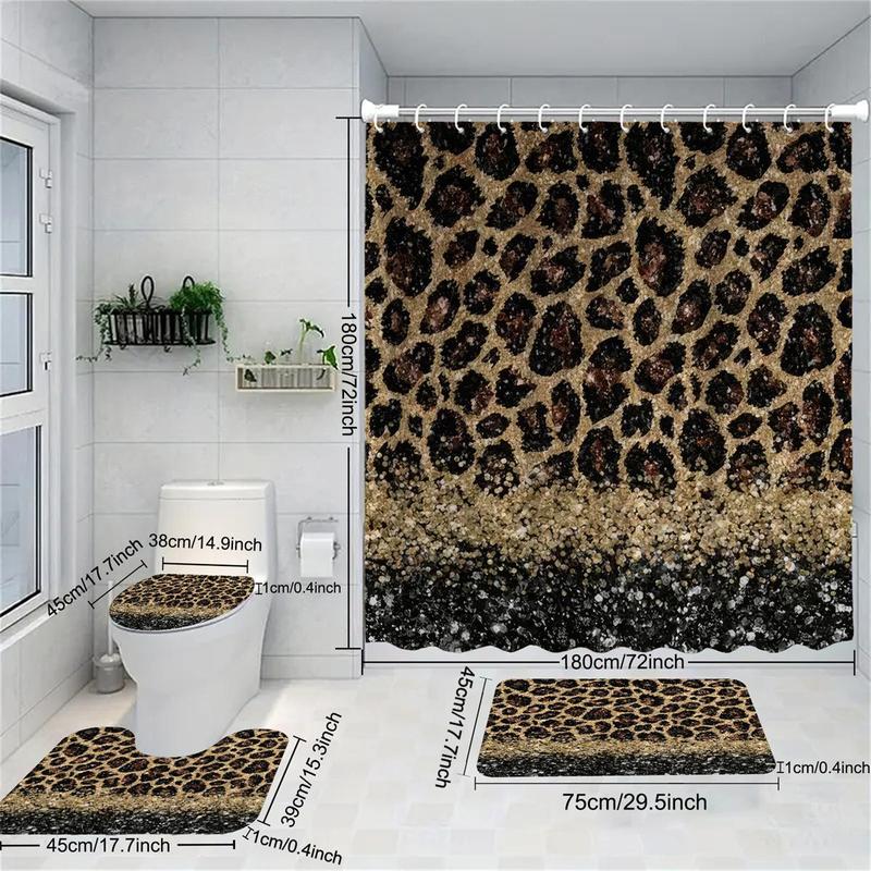 Leopard Print Bathroom Decor, 4pcs/set Innovative Non-slip Waterproof Shower Curtain & Toilet Lid Cover Pad & Thickened Toilet U-shape Mat & Toilet Lid Pad, Bathroom Accessories for Home Hotel Salon