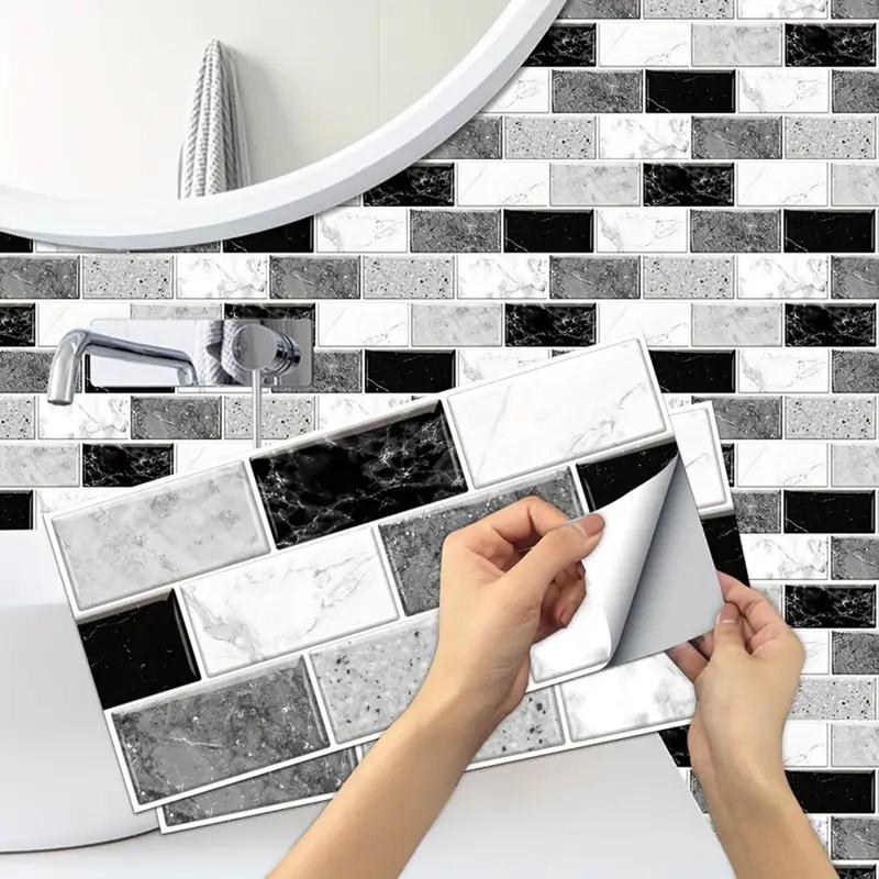 3D Tile Design Wall Sticker, 18pcs/set Self Adhesive Wall Decal, Decorative Sticker for Kitchen, Bathroom, Bedroom