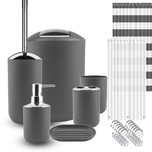 Complete 9-Piece Bathroom Accessories Set: Soap Dish, Shower Curtain, Toilet Brush, Trash Bin