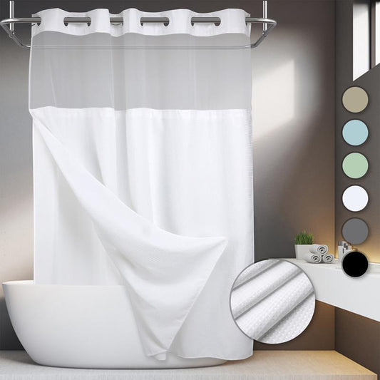 No Hooks Required Waffle Weave Shower Curtain with Snap in Liner - 71W x 74H,Hotel Grade,Spa Like Bath Curtain,White