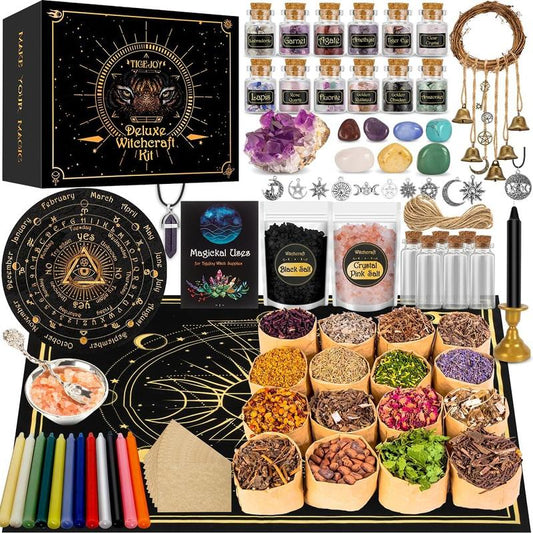 Witchcraft Supplies Kit 132 PCS, Wiccan Supplies and Tools, Including Witchcraft Herbs, Spell Candles, Crystals for Witchcraft, Witch Starter Kit for Spiritual Healing Altar Decor, Christmas Gift