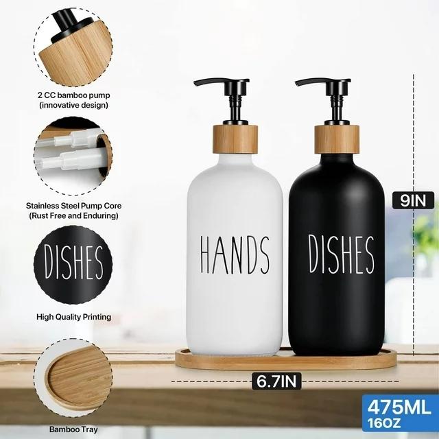 Glass Soap Dispenser Set, Contains Glass Hand Soap Dispenser and Glass Dish Soap Dispenser with Wooden Base Suitable for Black and White Kitchen Decor