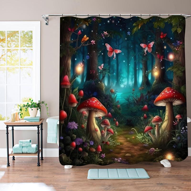 Forest & Mushroom Pattern Bathroom Decor Set, 4 Counts Non-slip Bath Mat & U-shaped Commode Contour Rug & Toilet Lid Mat & Shower Curtain with 12 Hooks, Bathroom Accessories