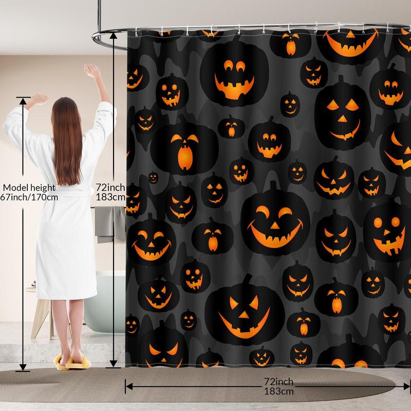 Halloween Themed Shower Curtain, Skull & Pumpkin & Castle Pattern Bathroom Curtain with 12pcs Hooks, Waterproof Shower Curtain for Bathroom Decor