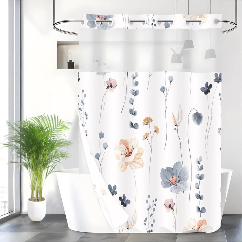 Floral Print Shower Curtain, Flower Pattern Waterproof Shower Curtain with Hooks, Summer Farmhouse Bathroom Accessories, Bathroom Supplies for Home Use