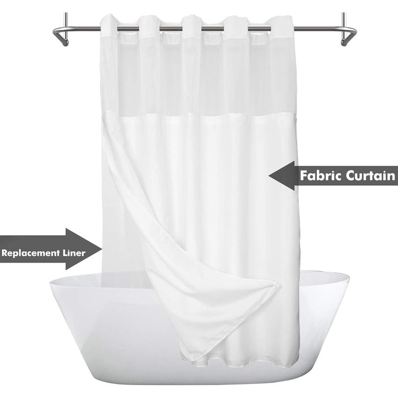 Long No Hook Slub Textured Shower Curtain with Snap-in Liner Set - 71" x 80"(78"), Hotel Style with See Through Top Window, Fabric Curtain & Waterproof Liner, White, 71x80