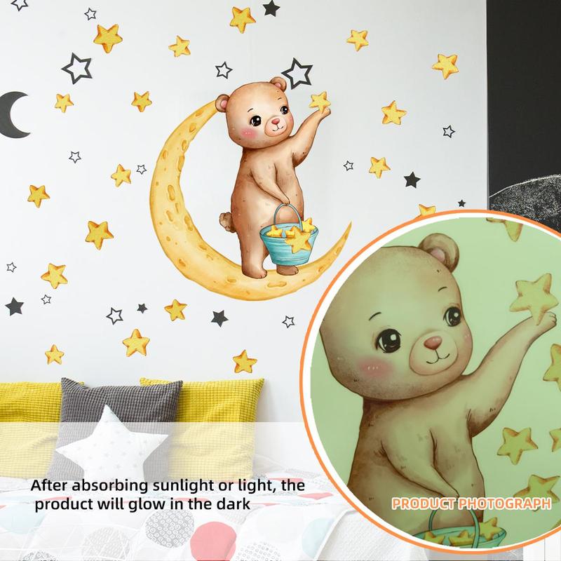 Cartoon Bear & Moon Pattern Luminous Wall Sticker, 3 Counts/set Self Adhesive Wall Decal, Decorative Sticker for Home Bedroom Living Room