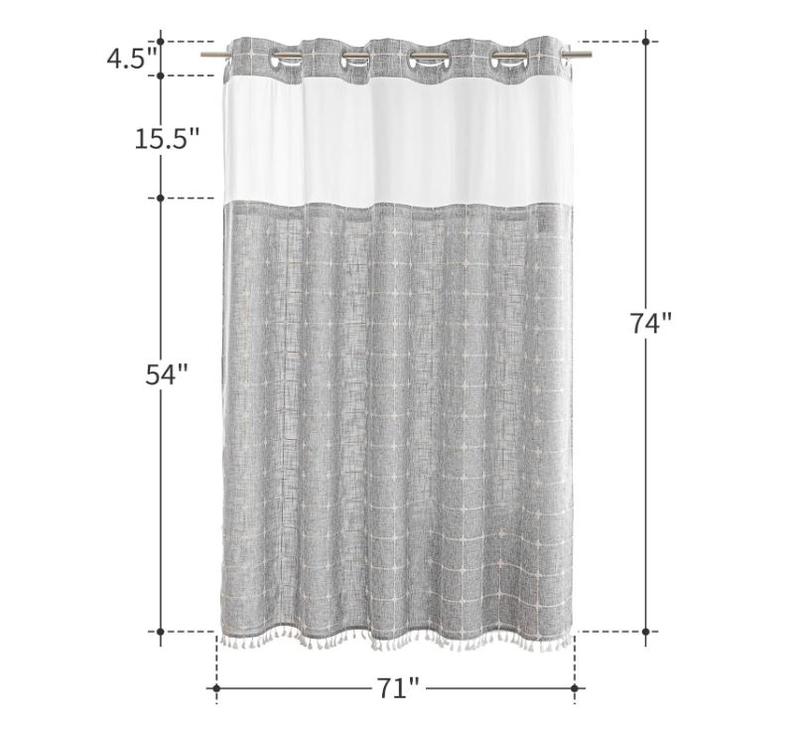 Farmhouse Shower Curtain with Snap-in Liner, No Hooks Needed Fabric Shower Curtains with Tassels for Rustic Bathroom Decor, with Window,with Magnets,Water Repellent&Machine Washable,Grey,71x74Inch