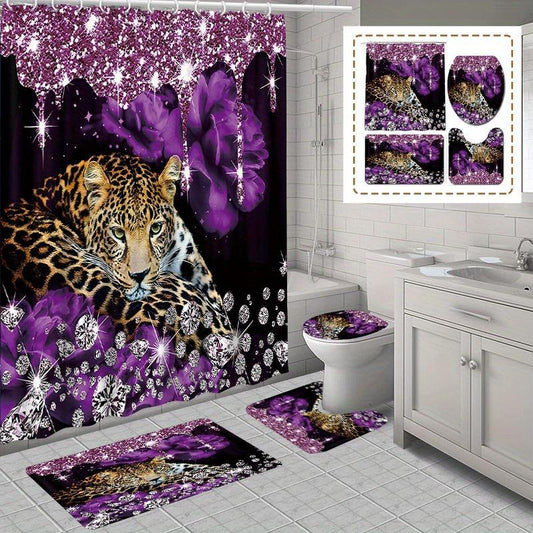 Leopard & Flower & Rhinestone Pattern Bathroom Decor Set, 4 Counts Including Trendy Waterproof Shower Curtain, Bathroom Mat, U-shaped Rug, Toilet Lid Cover