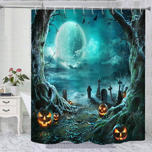 Halloween Theme Pumpkin & Moon & Grave Pattern Shower Curtain, 1 Count Waterproof Bathroom Curtain with 12pcs Plastic Hooks, Home Decor Supplies, Halloween Decoration