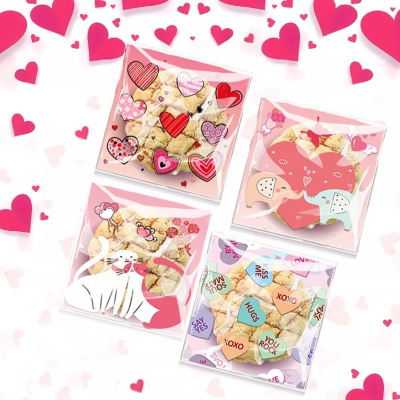 Heart-shaped Pattern Gift Bags, 100pcs Transparent Self-adhesive Candy Bags, Square Creative Cookie Packaging Bags for Parties, Anniversary Wedding Romantic Decorations, Unique Gifts Ideas