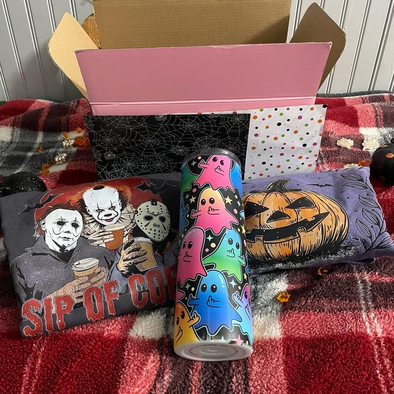 Halloween Mystery Boxes, 2 t-shirts, 1 20oz tumbler Cup Scary Spooky