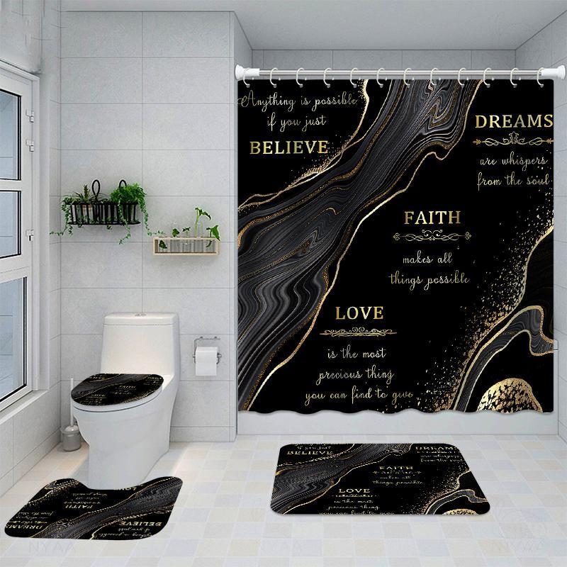 Marble & Letter Bathroom Set (4 Counts), Including 1 Waterproof Shower Curtain (with 12 Hooks), 1 Toilet Lid Cover, 1 Rectangular Mat & 1 U-shaped Mat