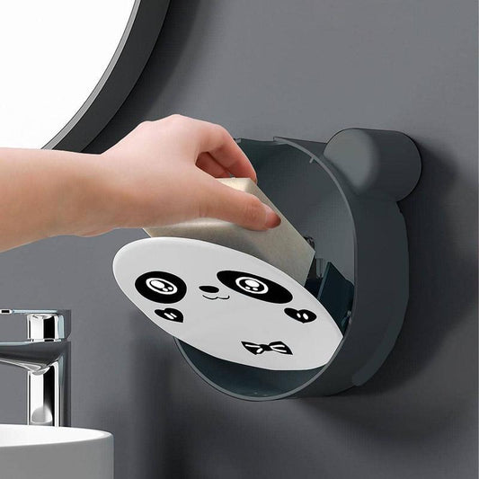 Multi-function Flip Top Cute Panda Design Soap Box (1 Piece), Punch-free Wall Mounted Panda Toilet Paper Roll Holder, Roll Paper Rack for Toilet & Bathroom