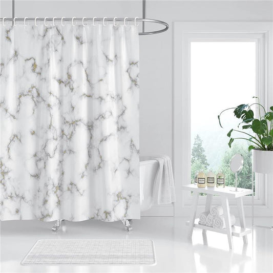 Shower Curtain Set - White Marble Shower Curtain with with 12 Hooks - 72x72