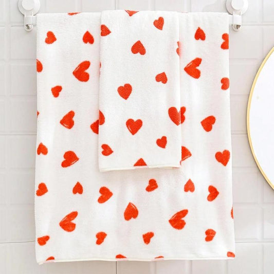 Heart Pattern Bath Towel & Face Towel Set, 2pcs/set Coral Fleece Soft Absorbent Bathroom Towel, Hotel Spa Towel