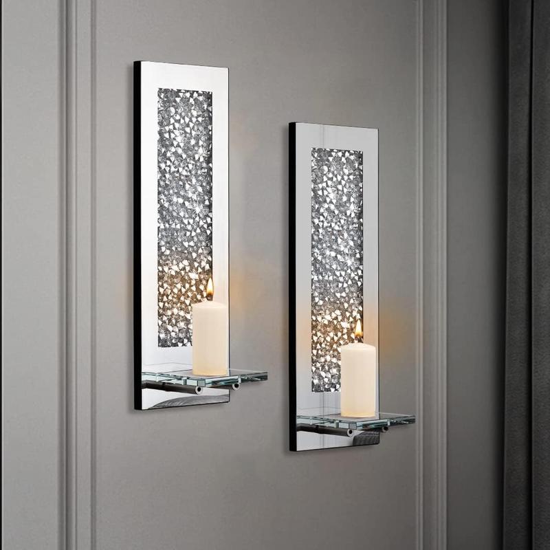 Set of 2 Crystal Crush Diamond Wall Candle Holders - Rectangle Silver Mirrored Candle Sconces for Home Wall Decoration in Living Room, Dining Room, & Bedroom