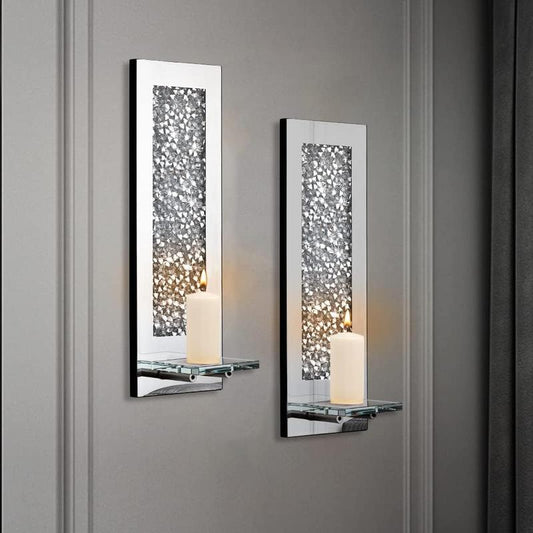 Set of 2 Crystal Crush Diamond Wall Candle Holders - Rectangle Silver Mirrored Candle Sconces for Home Wall Decoration in Living Room, Dining Room, & Bedroom