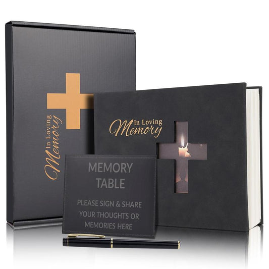 [Clearance] Funeral Memorial Table Book with Pen & Box, Cross Window Pattern Wooden Cover Funeral Sign in Book, Home Decor Photo Album for Funeral Anniversary Ceremony