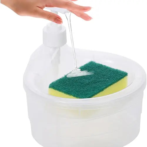 "EXCLUSIVE OFFER" Manual Press Dishwashing Liquid Soap Dispenser Bowl with Sponge Holder 2 in 1 for Kitchen Sink, Clear