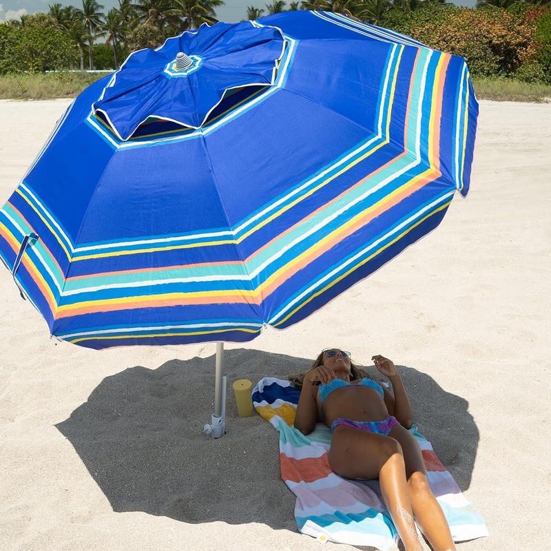 7ft Heavy Duty High Wind Beach Umbrella Parasols with sand anchor &amp; Tilt Sun Shelter,  Protection Outdoor Sunshade Umbrellas Carry Bag for Patio Garden Pool Backyard Stripe Blue