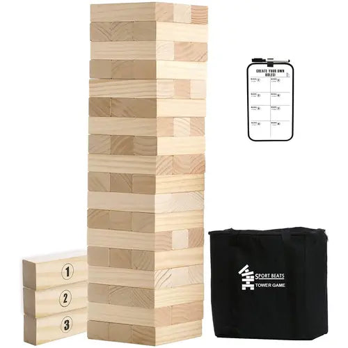 SPORT BEATS Large Tower Game Lawn Yard Outdoor Games for Adults and Family Wooden Stacking Games- Includes Rules and Carry Bag-54 Large Blocks