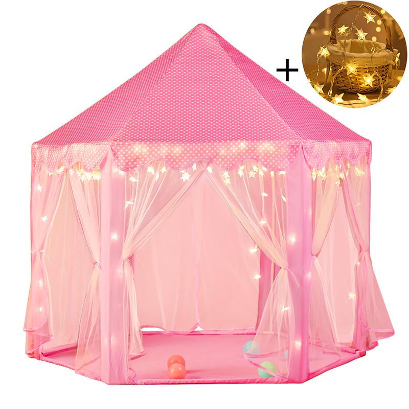 Princess Castle Kid Play Tent House with Large Star Lights for 6-12 Years Playhouse Indoor Outdoor Game Fun Perfect Toy Gifts Tent Playtent House