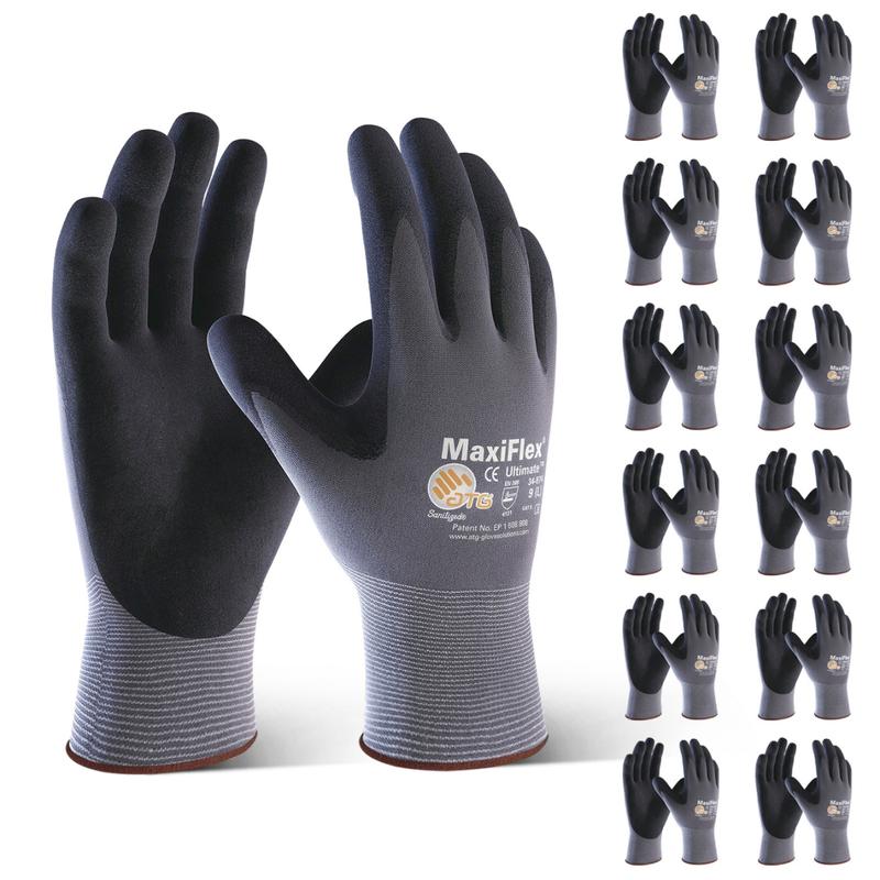 12 Pairs MaxiFlex 34-874 Grey/Black Nylon Full Fingered General Purpose Gloves - Nitrile/Nitrile Foam Palm & Fingers Coating - Seamless Knit (Pack of 12)