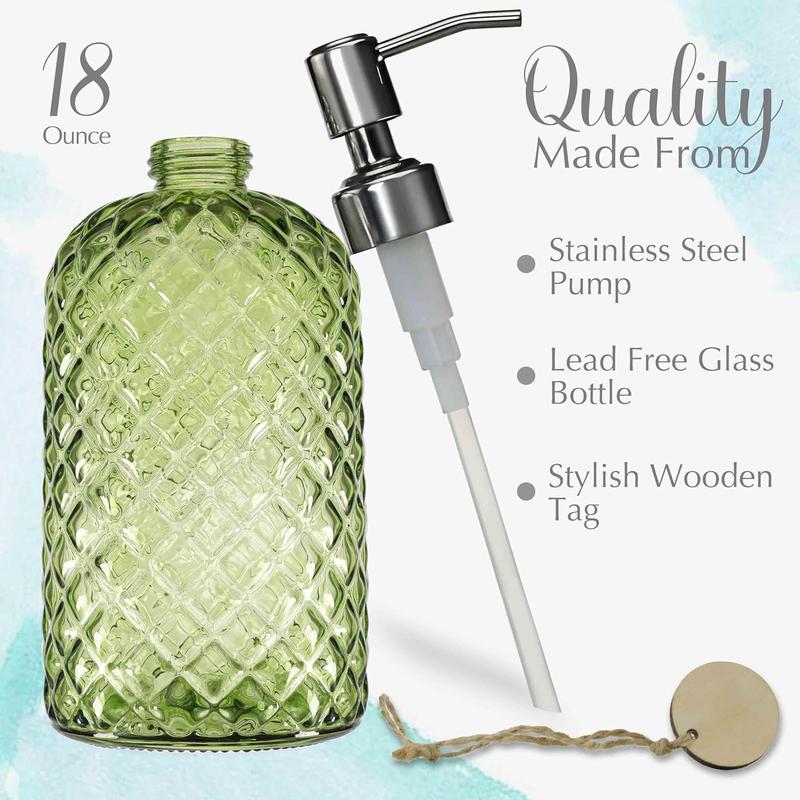 18Oz Tea Green Soap Dispenser with Rust Proof Pump, Refillable Glass Soap Dispenser for Bathroom & Kitchen to Dispense Dish Soap, Hand soap, Lotion.