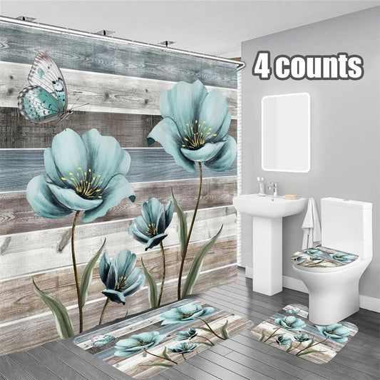 Floral Pattern Bathroom Accessories Set, 4 Counts/set Non-slip Bath Mat & U-shaped Commode Contour Rug & Toilet Lid Mat & Shower Curtain with 12 Hooks, Bathroom Decor Set