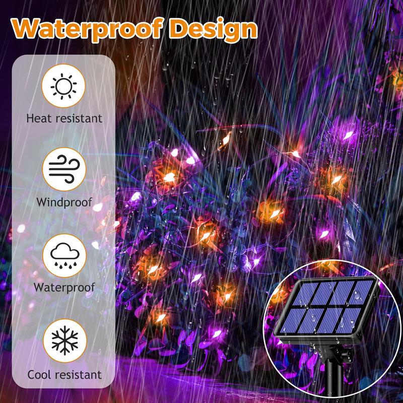 Happy Halloween!! 4 Pack Solar Halloween String Lights Outdoor, 320LED 132FT Orange Purple Solar Fairy Lights Outside Waterproof, 8 Modes Solar Powered Twinkle Lights for Tree Garden Patio Halloween Decorations