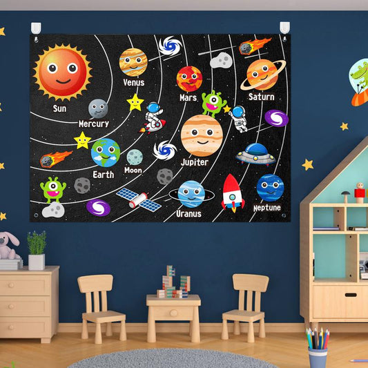 44Pcs Outer Space Felt Story Board Set 3.5 Ft Solar System Universe Storytelling Flannel Interactive Play Kit with Hooks Astronaut Planets Alien Galaxy Reusable Wall Hanging Gift for Boys Girls