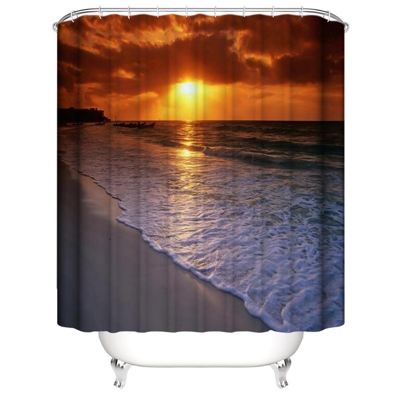 Romantic?Sunset Beach Pattern Shower Curtain, Waterproof Bathroom Curtain with Hooks, Bathroom Accessories, Home Decoration