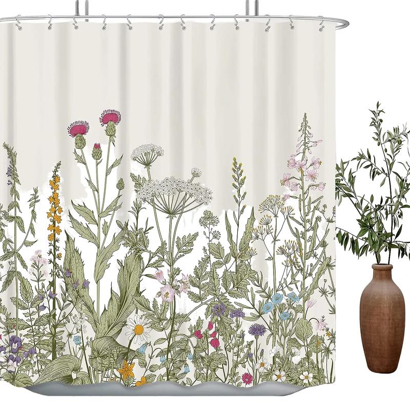 Wildflower Botanical Shower Curtain, Floral Flower Plant Herbs with 12 hooks, 72x72 inches Pack Waterproof Nature