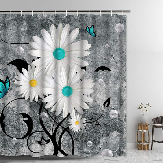 Ikfashoni Floral Butterfly Shower Curtain White Daisy Shower Curtain for Bathroom Farmhouse Rustic Bathroom Curtain with 12 Hooks, Fabric Flower Bathroom Shower Curtains, 72" x 72" Grey