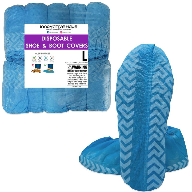 Innovative Haus Premium Thick Large Disposable Boot & Shoe Covers | Durable, Non-Slip, Treads, Water Resistant, Non-Toxic, 100% Latex Free | Stronger than Competitor-40 grams |100-Pack Blue|