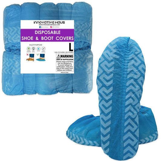 Innovative Haus Premium Thick Large Disposable Boot & Shoe Covers | Durable, Non-Slip, Treads, Water Resistant, Non-Toxic, 100% Latex Free | Stronger than Competitor-40 grams |100-Pack Blue|